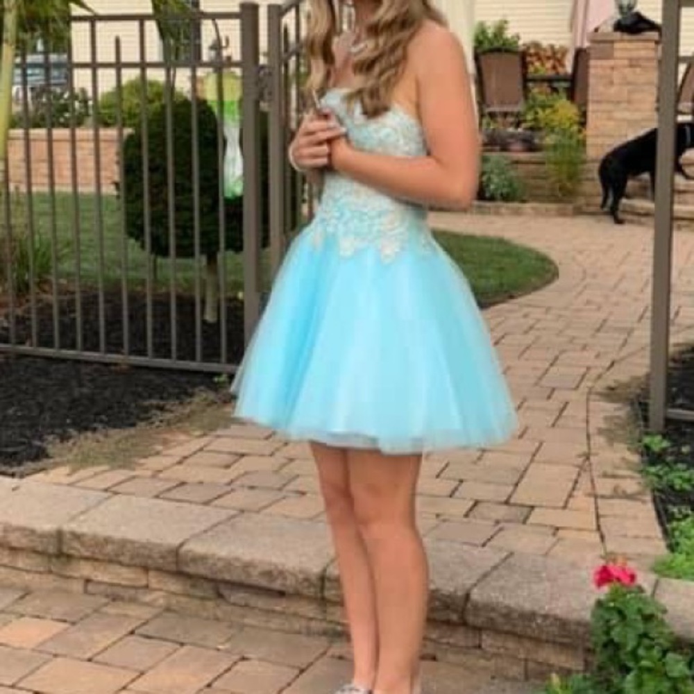 JVN BY JOVANI Cinderella blue strapless gown size 0